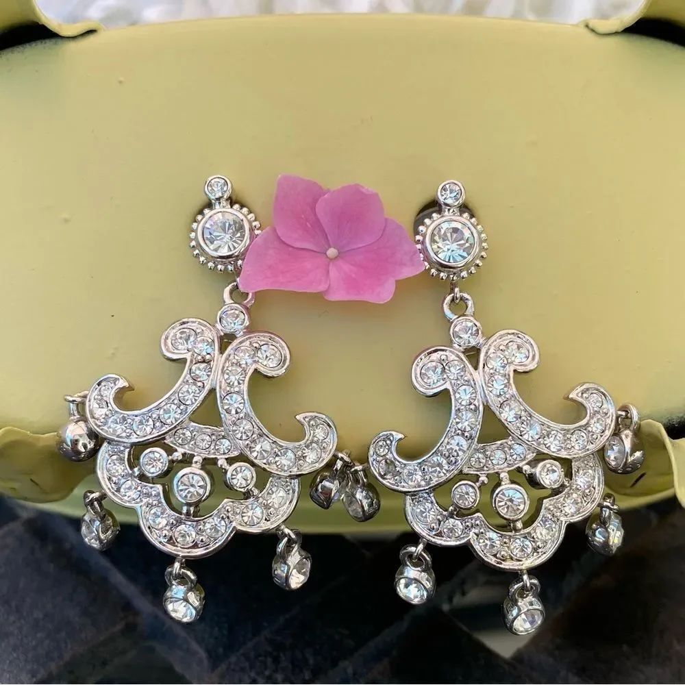 Nolan Miller Crystal Chandelier Earrings Silvertone Rhinestone Dangle Drop EUC!